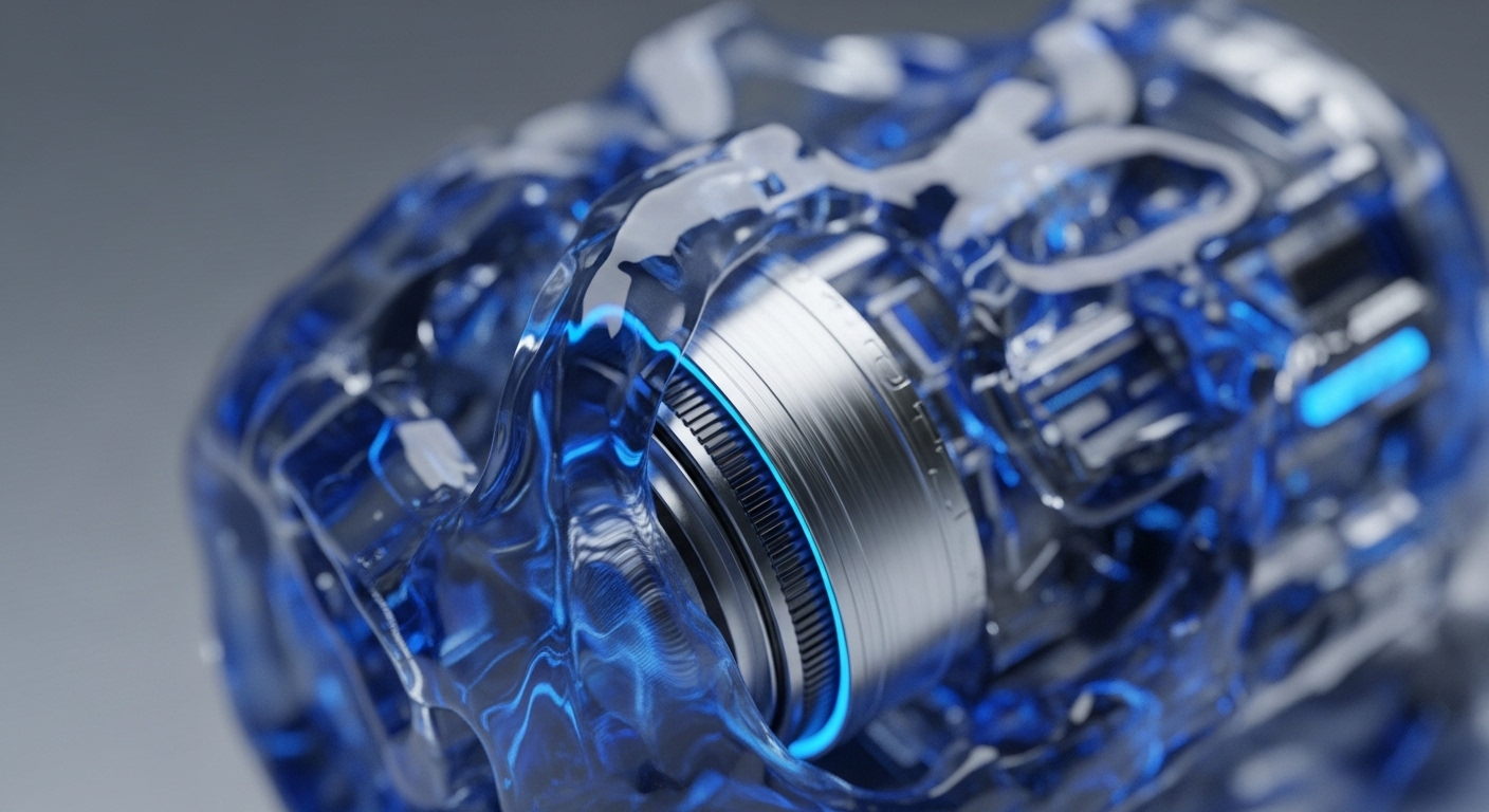 The image displays a close-up of a metallic, cylindrical component partially submerged within a translucent, blue, fluid-like material. The central metallic element features fine horizontal grooves and is encircled by a distinct glowing blue ring