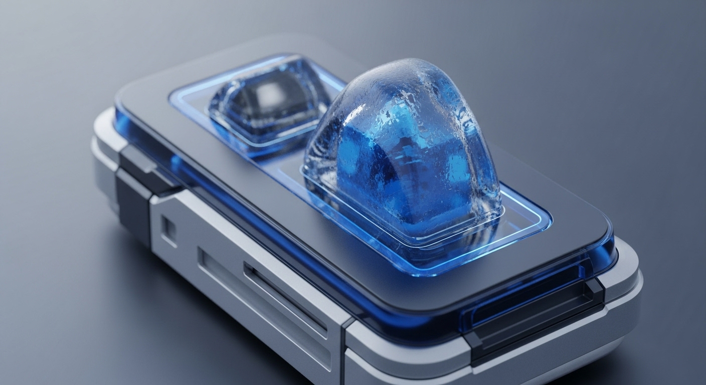 A sophisticated, silver-grey hardware device with dark trim is presented from an elevated perspective, showcasing its transparent top panel. Within this panel, two prominent, icy blue, crystalline formations are visible, appearing to encase internal components
