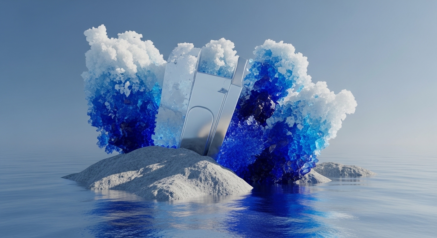 A serene digital rendering showcases a metallic, rectangular object, reminiscent of a robust hardware wallet or server component, partially submerged in a pristine sandbank. Surrounding this central element are striking blue and white crystalline formations, resembling ice or salt crystals, emerging from the sand and water