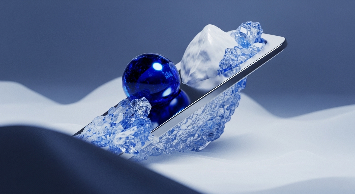 A sleek, silver-edged device, resembling a hardware wallet, is embedded within a pristine, undulating white landscape, evoking a secure digital environment. Its screen and surrounding area are adorned with translucent, blue-tinted ice shards, symbolizing cryptographic primitives and immutable ledger entries. A luminous blue sphere, representing a core digital asset or decentralized autonomous organization, rests prominently on the display. A white angular structure, possibly a secure element, emphasizes robust blockchain architecture and cold storage principles for enhanced network security and data integrity within Web3 infrastructure.