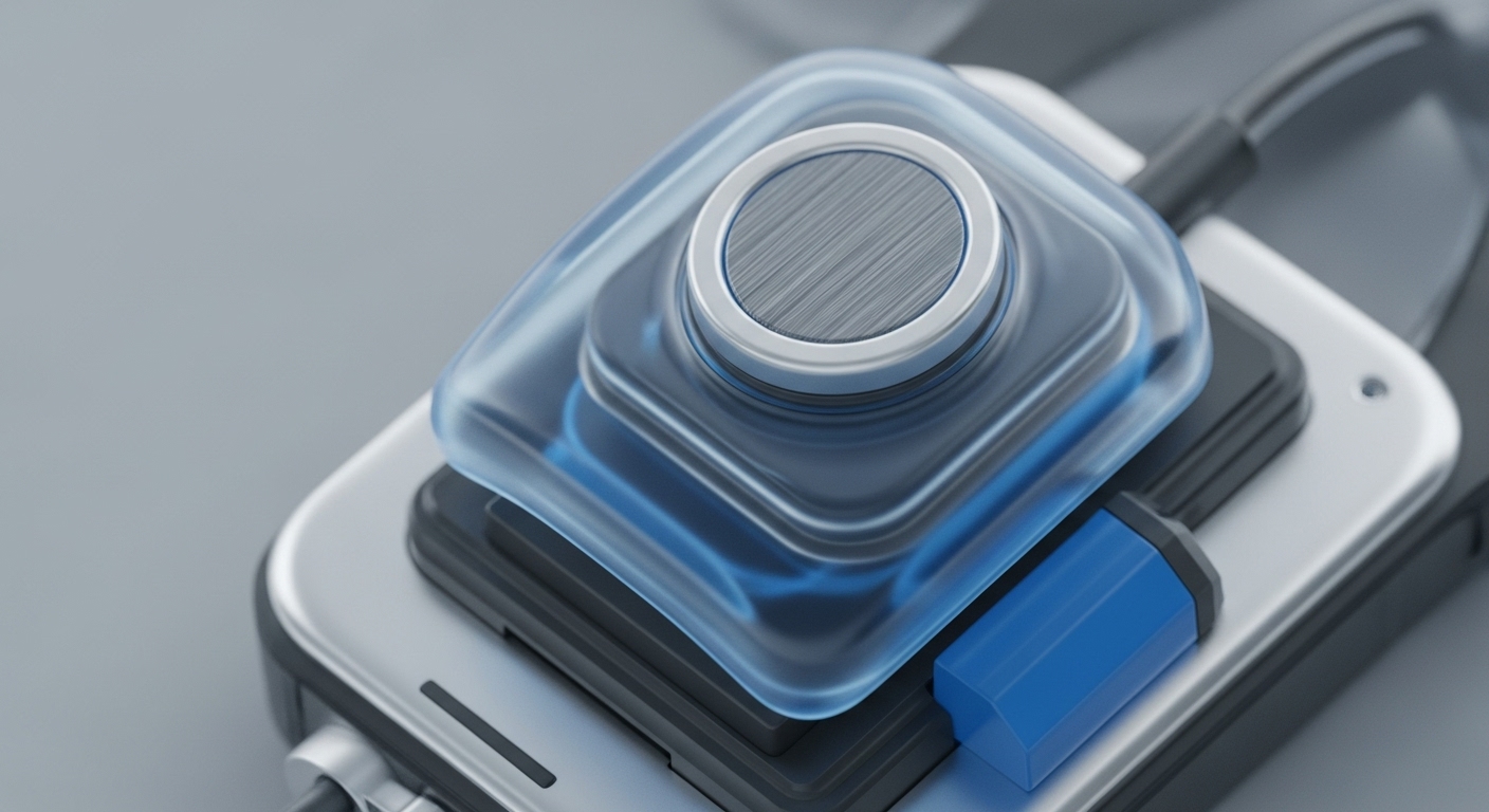 A detailed perspective showcases a high-tech module, featuring a prominent circular sensor with a brushed metallic surface, enveloped by a translucent blue protective layer. Beneath, multiple dark gray components are stacked upon a silver-toned base, with a bright blue connector plugged into its side