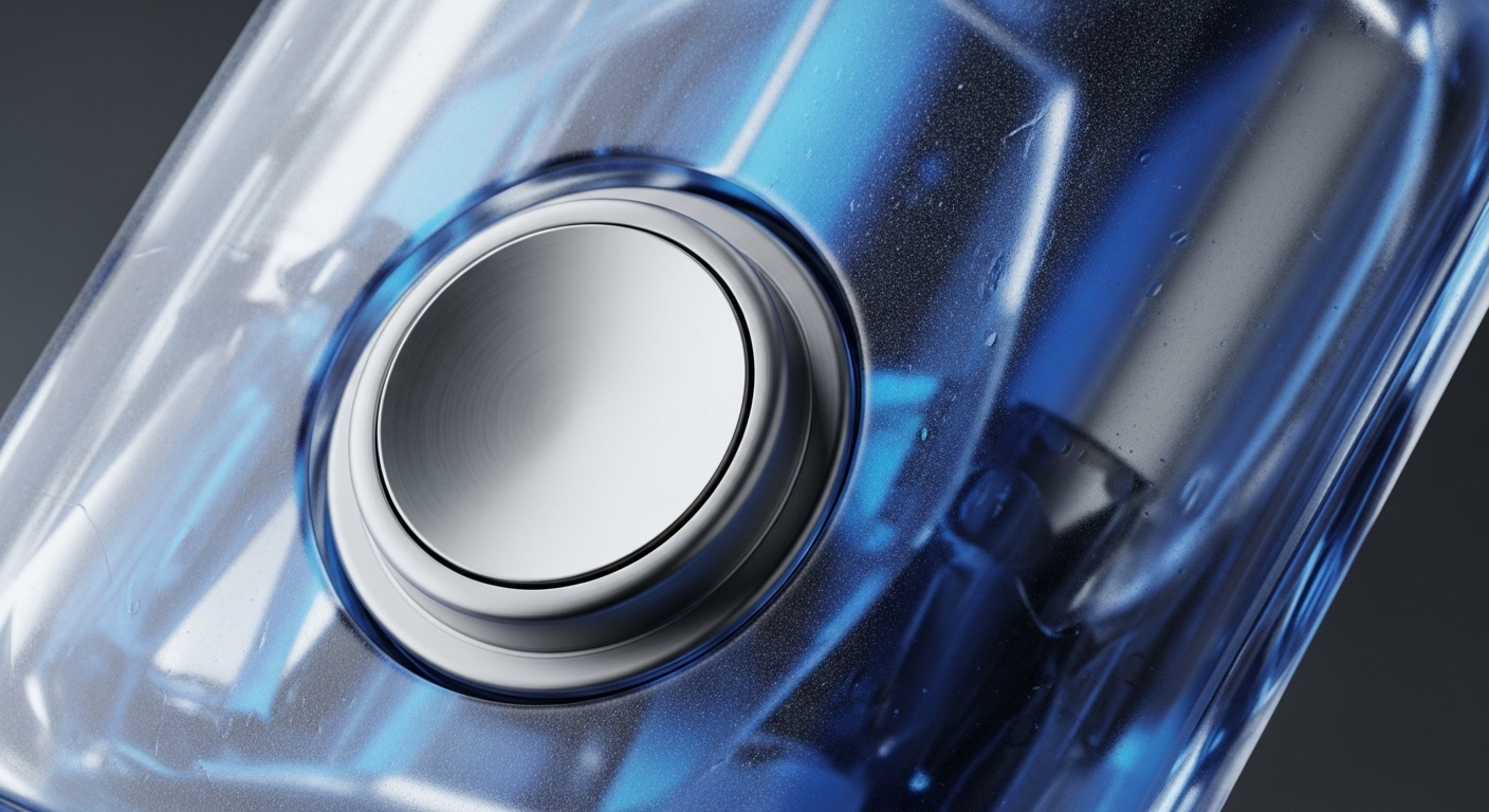 A prominent circular metallic button is centrally positioned within a sleek, translucent blue device, revealing intricate internal components. The device's polished surface reflects ambient light, highlighting its modern, high-tech aesthetic