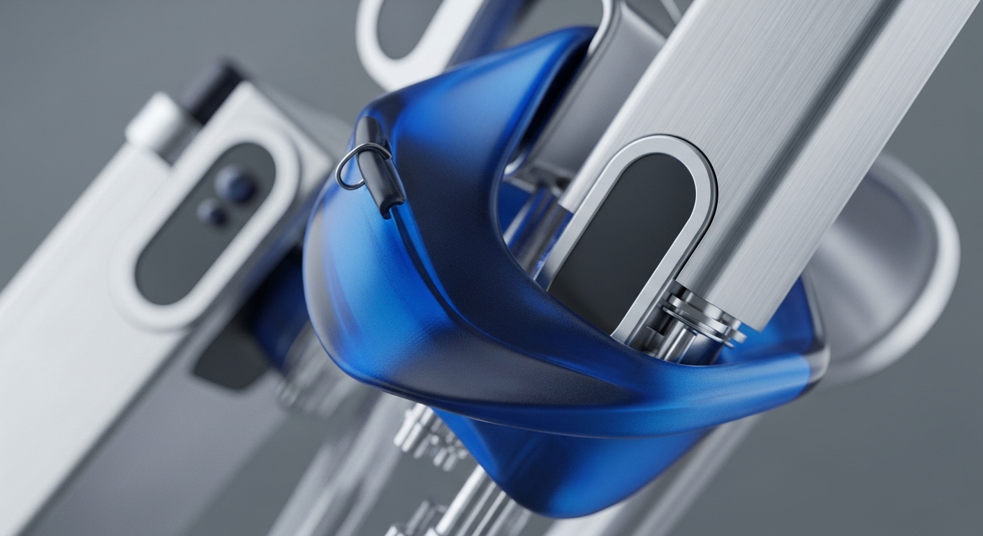 A detailed perspective showcases precision-engineered metallic components intricately connected by a translucent, deep blue structural element, creating a visually striking and functional assembly. The brushed metal surfaces exhibit fine texture, contrasting with the smooth, glossy finish of the blue part, which appears to securely cradle or interlock with the silver elements