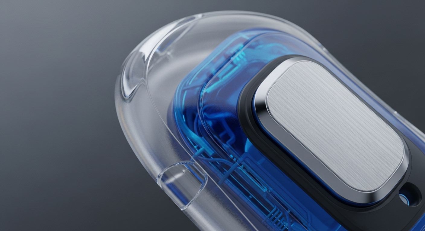 A close-up view reveals a sophisticated hardware wallet, encased within a transparent, impact-resistant shell. Visible through the casing is an intricate blue cryptographic module, suggesting advanced internal architecture designed for robust digital asset security. A brushed metal plate, likely a secure element for user authentication or transaction signing, is prominently featured. This design emphasizes tamper-proof cold storage for private keys, crucial for protecting cryptocurrency holdings on a distributed ledger. The transparent enclosure showcases the engineering behind this secure enclave, vital for decentralized finance operations.