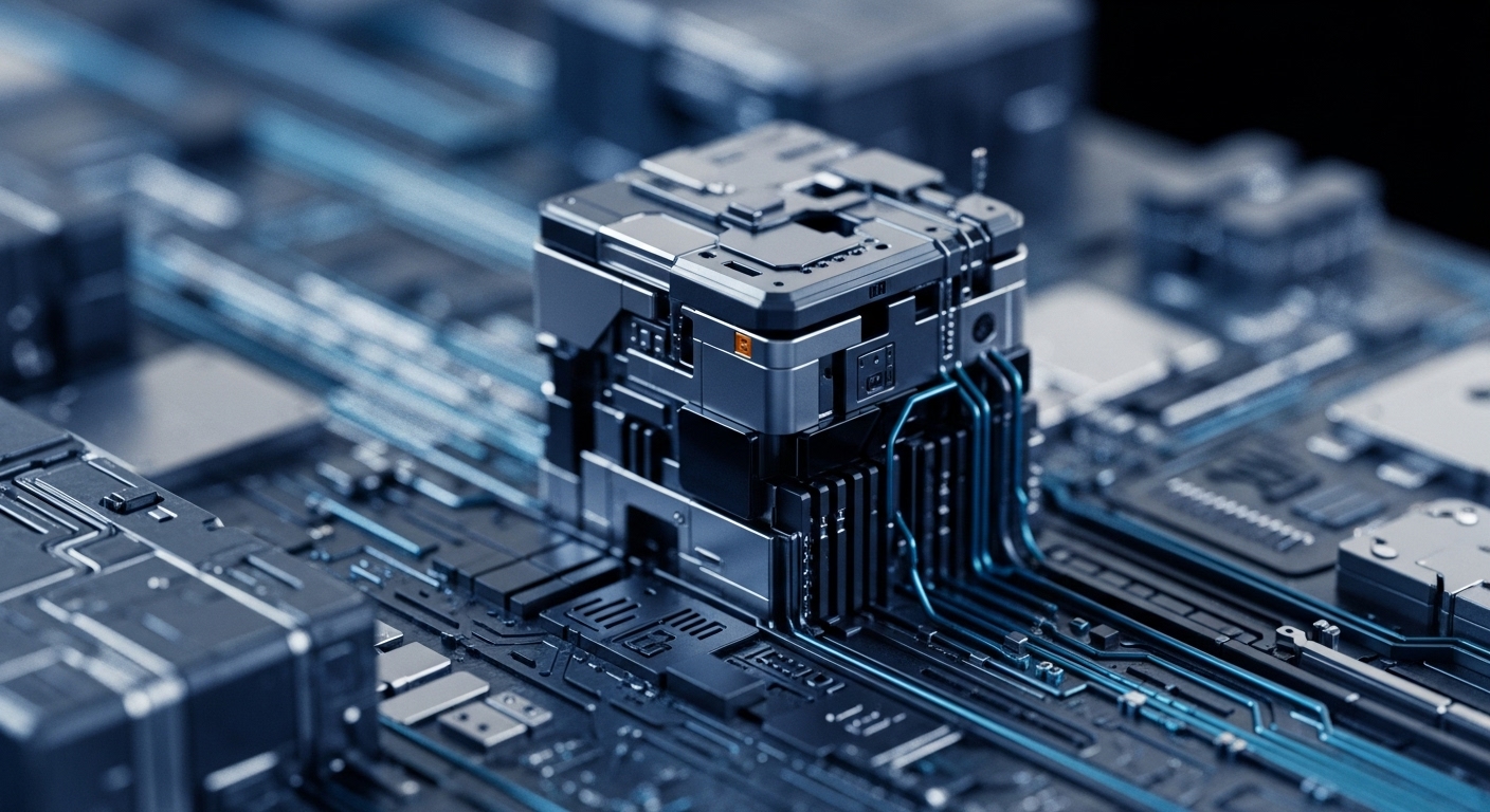 A close-up view reveals a futuristic, metallic processing unit mounted on a dark circuit board, surrounded by glowing blue lines and intricate components. The central unit, cube-shaped and highly detailed, has multiple blue conduits extending from its side, connecting it to the underlying circuitry