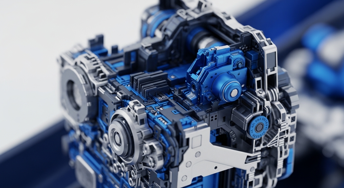 A meticulously rendered close-up reveals a complex, futuristic mechanical and electronic system, dominated by metallic silver and vibrant blue components. Intricate circuit board-like patterns, gears, and various structural elements are visible, suggesting a sophisticated internal mechanism