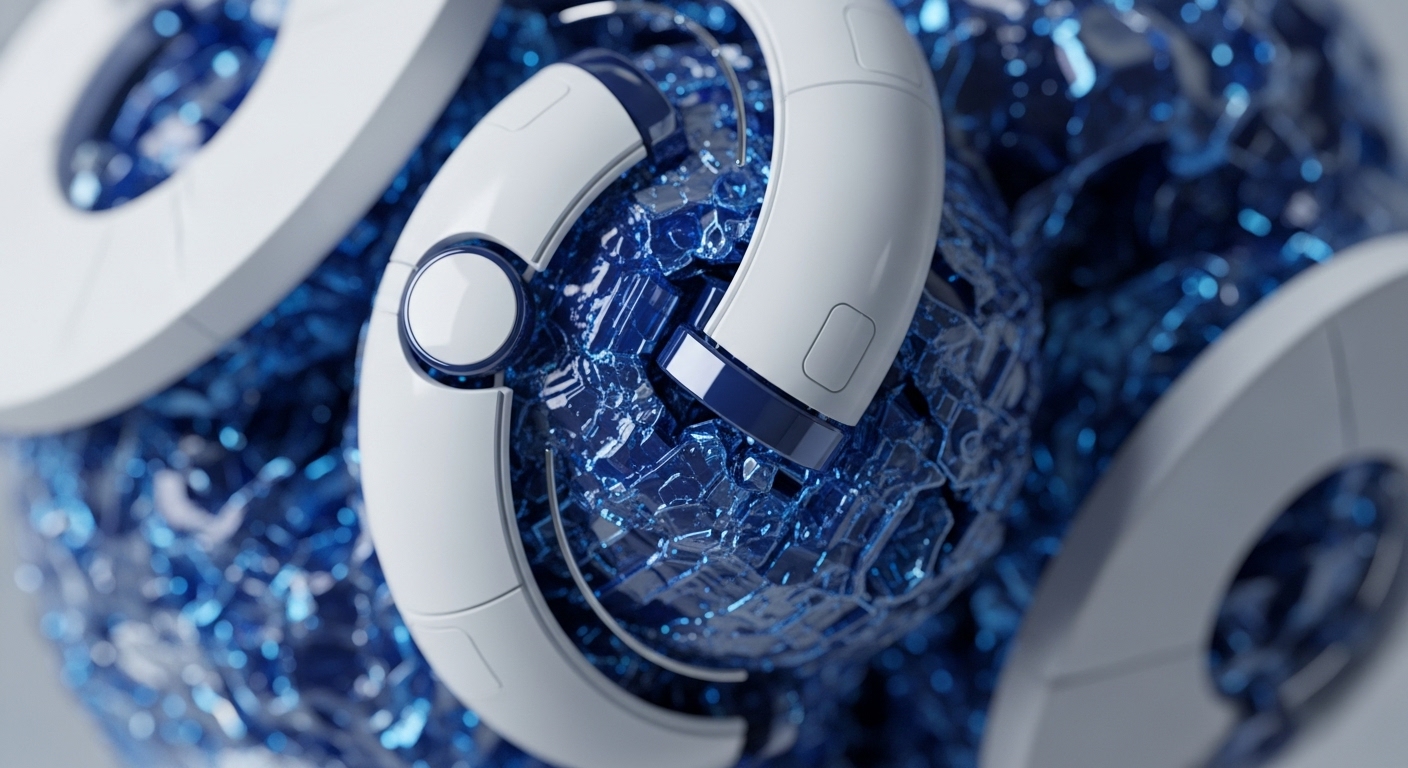The image showcases elegant white, curvilinear components with dark blue accents, dynamically interacting with a core of fractured, glowing blue crystalline structures. These elements are presented in a shallow depth of field, emphasizing the intricate interplay between the smooth, engineered forms and the vibrant, amorphous blue mass