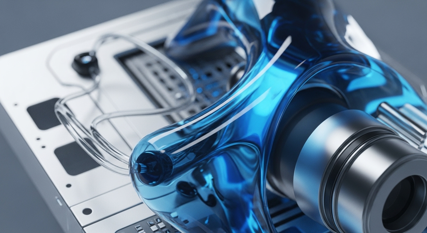 The image displays a close-up of a high-tech hardware assembly, featuring intricately shaped, translucent blue liquid cooling conduits flowing over metallic components. Clear tubing and wiring connect various modules on a polished, silver-grey chassis, revealing a complex internal architecture