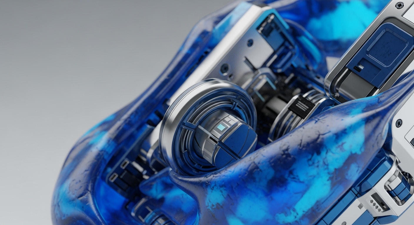 A close-up reveals a futuristic hardware component encased in a translucent blue material with a marbled pattern, showcasing intricate internal mechanisms. Silver and dark blue metallic structures are visible, highlighting a central cylindrical unit with a subtle light blue glow, indicative of active processing