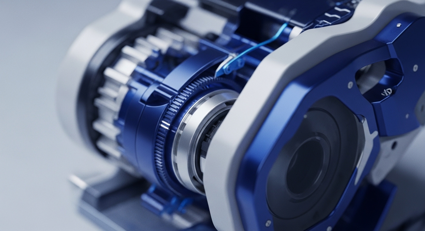 A close-up view reveals a highly detailed mechanical assembly, showcasing polished blue and silver metallic components with visible internal gears and a prominent blue wire. The intricate design suggests a precision instrument or a specialized engine, emphasizing advanced engineering