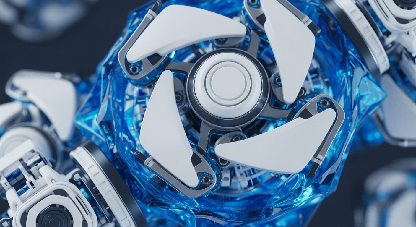 A close-up shot captures a complex, futuristic mechanical core featuring four white, aerodynamic blades arranged symmetrically around a central circular hub. This mechanism is encased within a brilliant, translucent blue structure, showcasing intricate internal components and subtle glowing light