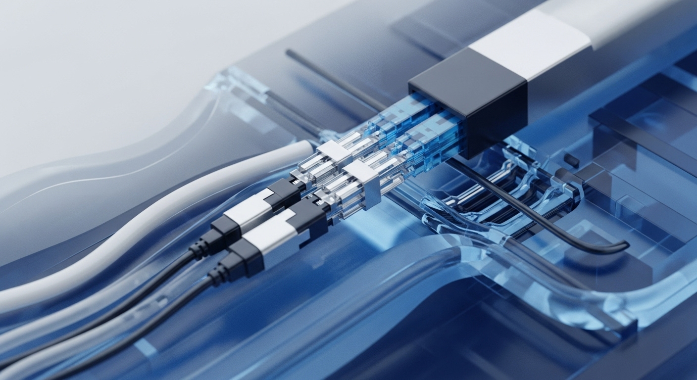 The image displays multiple black and white cables connecting to a central metallic interface, which then feeds into a translucent blue infrastructure. Within this transparent system, illuminated blue streams represent active data flow and high-speed information exchange