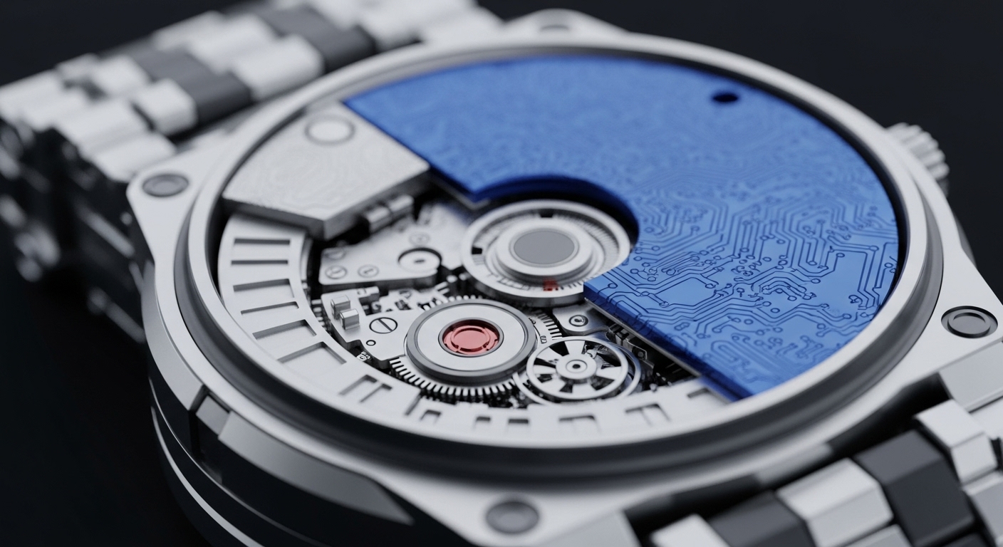 A sophisticated watch movement showcases intricate mechanical gears and components alongside a vibrant blue, semi-circular module embedded with visible circuit board traces. This visual metaphor represents the integration of traditional corporate mechanisms with advanced digital ledger technology. The mechanical elements symbolize established off-chain infrastructure, while the blue module signifies on-chain cryptographic protocols and smart contracts, illustrating a seamless hybrid system for decentralized physical infrastructure networks or tokenized asset management.