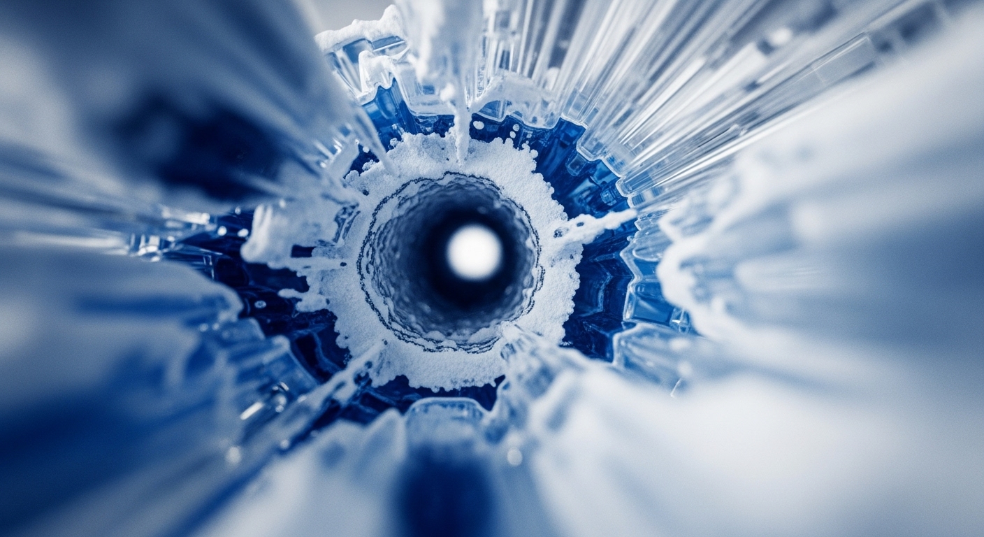A deep, central, circular aperture, brightly illuminated at its distant end, forms the focal point. Surrounding this void are radially arranged, translucent, blue-tinted structures, resembling data blocks or network nodes. These exhibit frosted textures, suggesting a cold storage environment or cryptographic immutability. The composition emphasizes a secure, high-throughput data pipeline, facilitating rapid transaction processing within a decentralized ledger. The blue and white palette reinforces the digital asset nature, reflecting algorithmic stability and a robust consensus mechanism. This visual metaphor depicts a secure shard within a DLT network.
