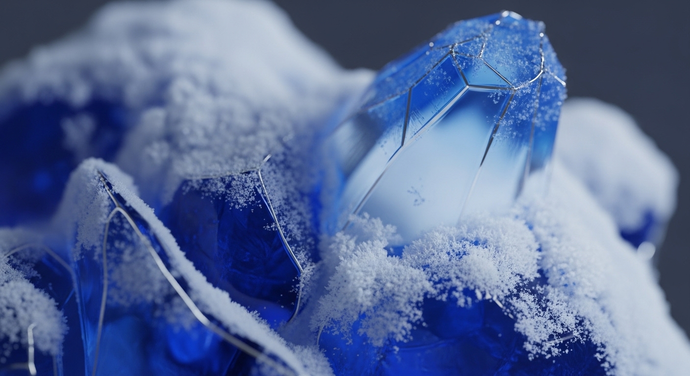The image displays several vibrant blue faceted crystals partially covered in white snow and delicate metallic structures. A prominent central crystal, sharply defined, is surrounded by smaller, similarly frosted blue forms