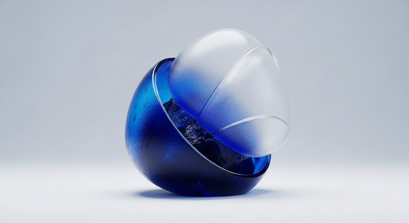 A translucent frosted white egg-shaped object, segmented by subtle lines, securely rests within a deep blue, textured, semi-opaque spherical vessel. The blue vessel contains dark, granular material, resembling raw data or unconfirmed transactions