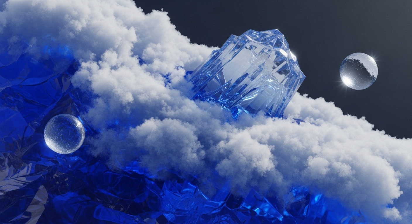 The image presents a striking abstract composition featuring prominent, sharp-edged blue crystalline formations and voluminous white clouds. A small, glowing orb is nestled within the blue structures, while a larger, reflective sphere hovers in the upper right against a dark void
