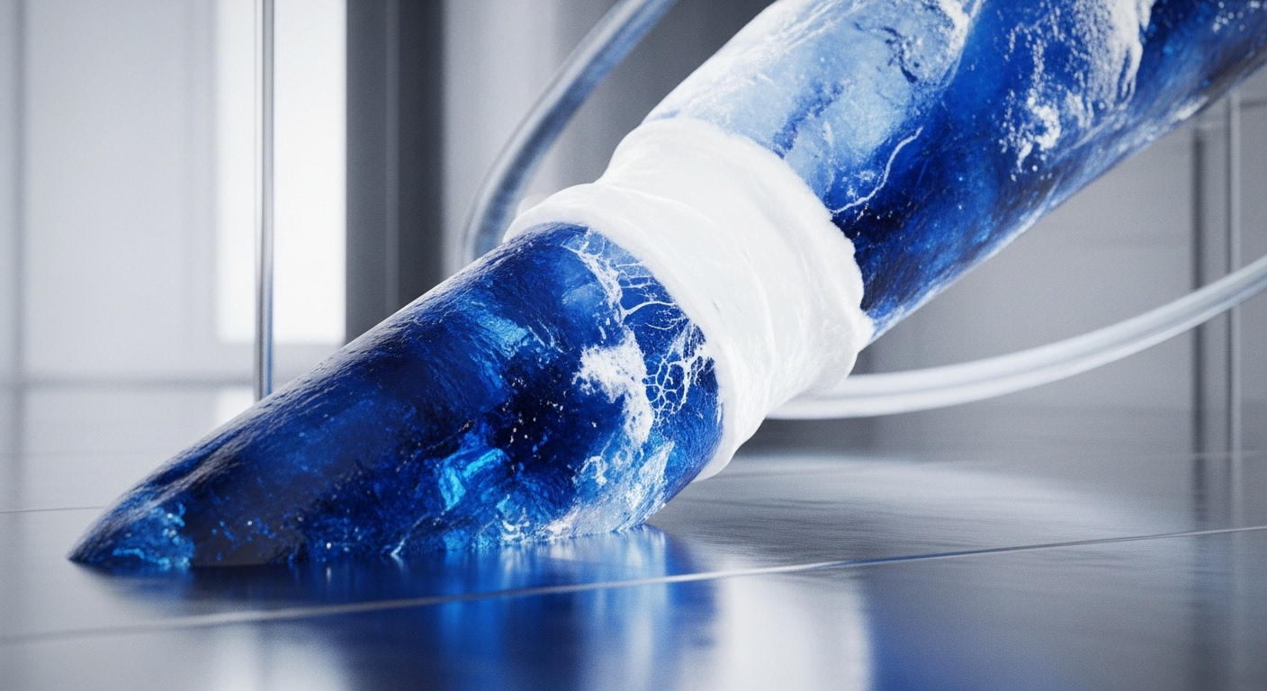 A prominent, deep blue, crystalline structure, tapering to a point, rests on a reflective surface. Its intricate internal patterns resemble dynamic on-chain data, signifying a blockchain digital asset or immutable ledger segment. A distinct white, fibrous band tightly encircles the structure, conceptually representing a consensus mechanism or smart contract execution, crucial for data integrity and transaction finality. A translucent conduit extends, suggesting interoperability within Web3 infrastructure or a data stream connection, enabling robust protocol operations.