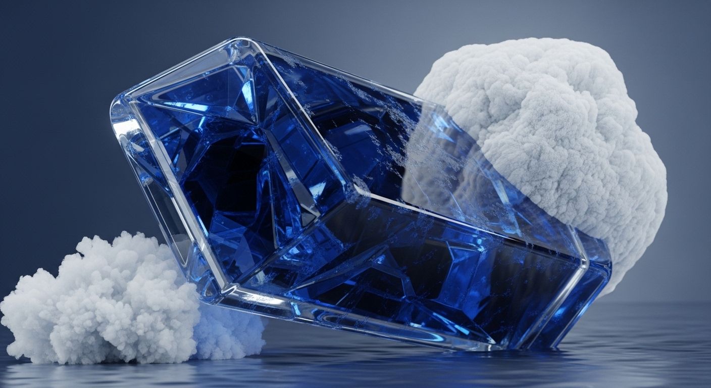 A large, deep blue, translucent faceted object, resembling a gemstone, is depicted resting at an angle on a reflective, rippled surface. White, textured, cloud-like formations are positioned around and partially on top of the blue object, with one larger mass on the right and smaller ones on the left