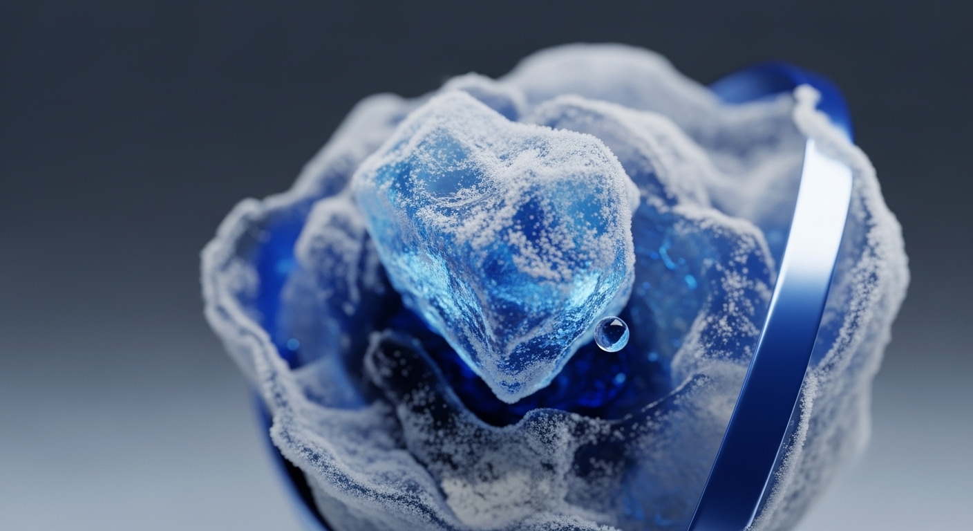 A vibrant blue, crystalline structure, appearing frozen and partially covered in white frost, dominates the center of the frame. A sleek, reflective blue ribbon partially encircles this frosty formation, with a single water droplet clinging to the central crystal