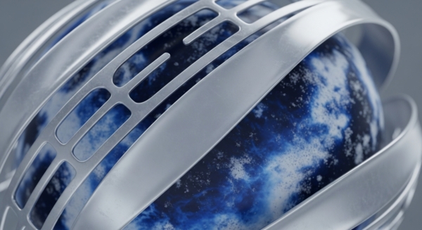 A spherical digital asset, deep blue with swirling white patterns, represents a tokenized asset within a distributed network. It is securely encapsulated by a robust, metallic silver framework, symbolizing cryptographic security and immutable ledger protection. This intricate structure, featuring solid bands and perforated grilles, suggests a sophisticated consensus mechanism safeguarding blockchain data. The design evokes a secure node or an oracle's protected data stream, emphasizing asset custody and smart contract integrity.