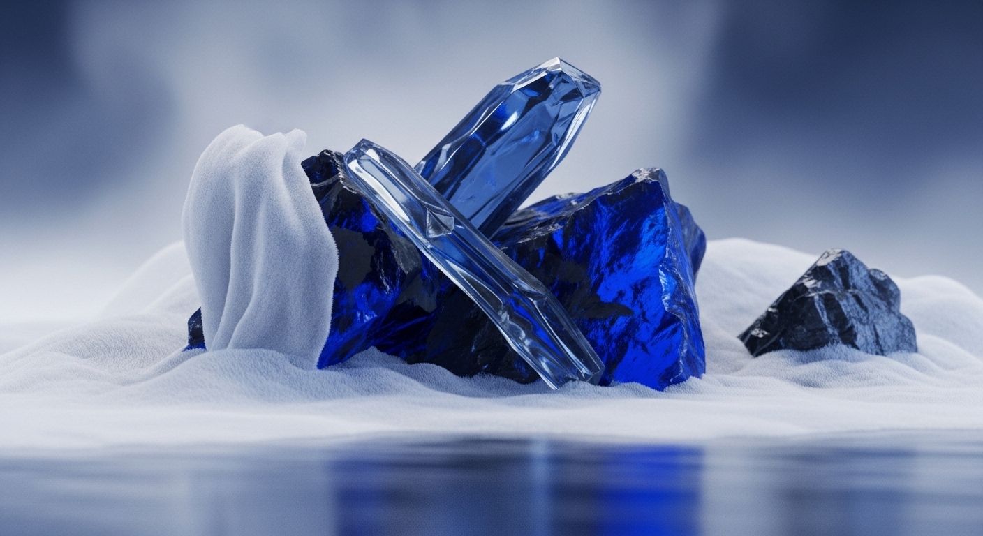 The image displays several blue and clear crystalline forms and rough blue rocks, arranged on a textured white surface resembling snow, with a white fabric draped over one rock. A reflective foreground mirrors the scene, set against a soft blue background