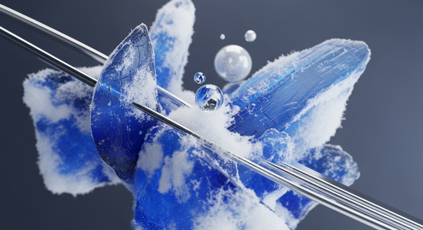 The image displays vibrant blue crystalline formations, partially covered in white, snow-like granular material, intersected by polished silver rods. Several transparent, reflective spheres float around these structures, some resting on the white substance