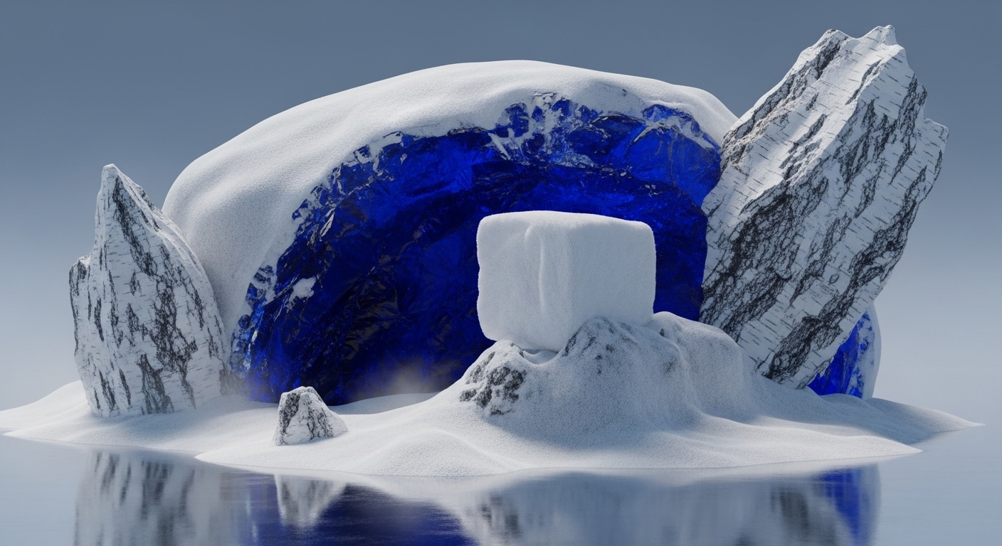 A stark, digital landscape features massive, translucent sapphire-blue forms, partially blanketed by pristine white snow, evoking an immutable ledger's core. These formations, resembling raw data architecture, are flanked by jagged, snow-dusted network nodes, suggesting robust decentralized network infrastructure. A central snow-covered cube, a symbolic genesis block or token, rests on a smaller mound, hinting at foundational digital assets. The scene reflects in calm, icy waters, emphasizing transparency and cold storage solutions within the blockchain environment.