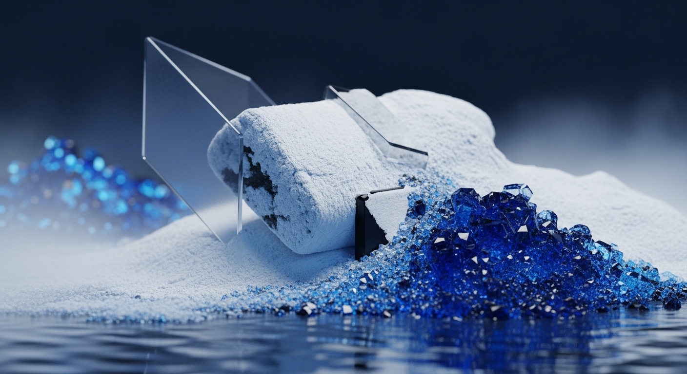 The image displays a striking arrangement of white granular material, dark blue crystalline structures, and clear geometric shards set against a dark background with a reflective water surface. A substantial dark block is partially embedded in the white powder, while a vibrant cluster of blue crystals spills towards the foreground, reflecting in the water