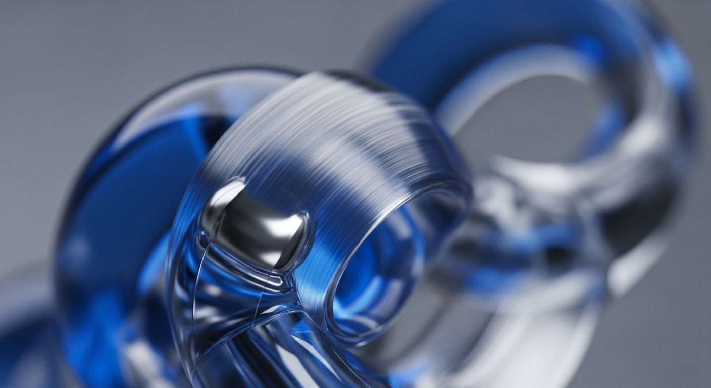 A close-up view reveals intricately intertwined abstract forms, featuring both transparent blue and brushed metallic silver components. These elements create a sense of depth and interconnectedness, with light reflecting off their polished and textured surfaces