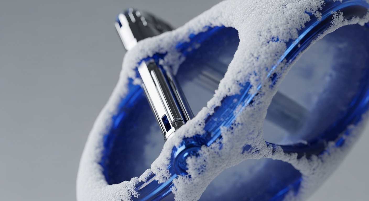 A close-up view reveals a polished, metallic object, possibly a hardware wallet, partially encased within a vibrant blue, translucent framework. The entire structure is visibly covered in a layer of white frost, creating a striking contrast and suggesting extreme cold