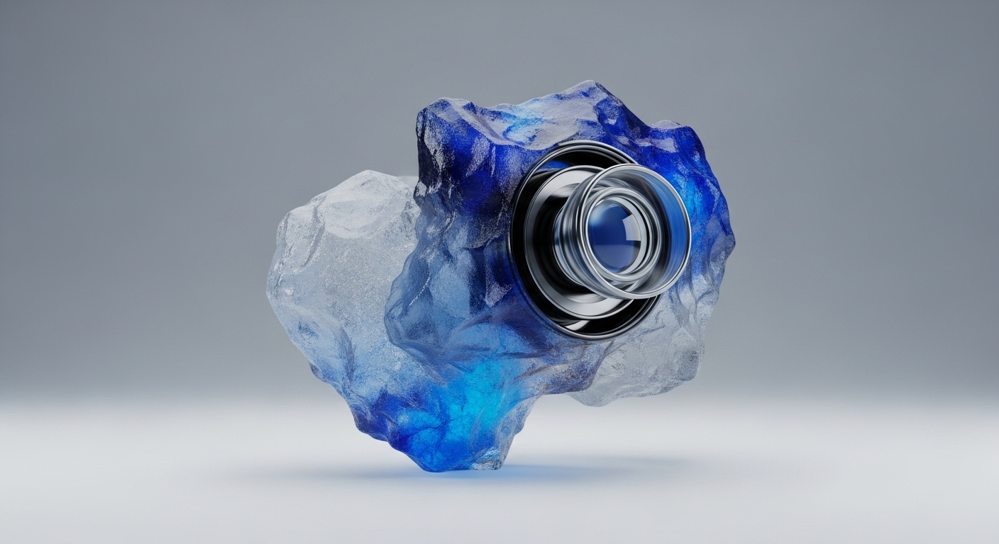 A striking metallic lens, intricately designed with multiple rings, is securely integrated into a crystalline, textured formation. The formation transitions from a frosty, translucent white to a deep, luminous blue, casting a subtle glow from within