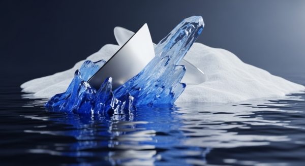 A striking visual composition features a prominent, translucent blue cryptographic primitive, resembling a large ice shard, emerging from dark, rippling water. Adjacent to it, a smaller, darker blue crystalline formation signifies dynamic liquidity. A sleek, metallic, angular structure, possibly representing a hardware security module or a foundational protocol, rests on a white, textured base, evoking a secure, stable environment for digital assets. This arrangement metaphorically illustrates the emergence of robust blockchain architecture and decentralized finance protocols from the depths of market liquidity, emphasizing data integrity and network security within a tokenized economy.