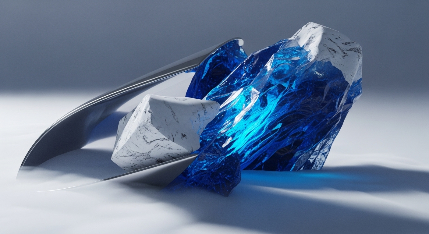 The scene features large, fractured blue crystalline forms alongside textured white geometric rocks, partially enveloped by a sweeping, reflective silver structure. A subtle mist or fog emanates from the base, creating a cool, ethereal atmosphere