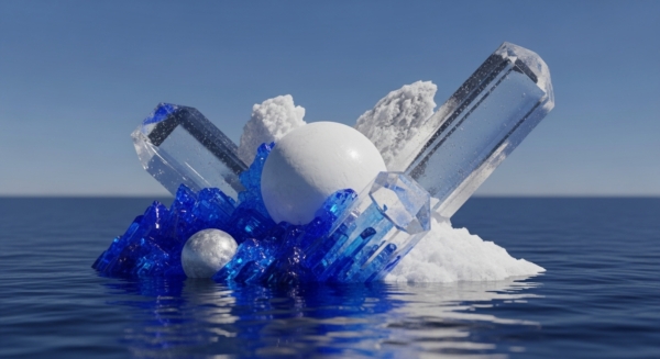 Crystalline and spherical elements emerge from calm, dark blue water. A large white sphere, potentially a governance token, is central. Deep blue, faceted utility tokens form a base, supporting clear immutable ledger fragments. Transparent digital assets rise, suggesting on-chain transparency. Irregular white formations, representing network consensus or proof of stake mechanisms, anchor the structure. A smaller silver sphere, a stablecoin, rests among the blue crystals. The water symbolizes liquidity pools within a decentralized finance DeFi ecosystem, highlighting tokenization and algorithmic stability.