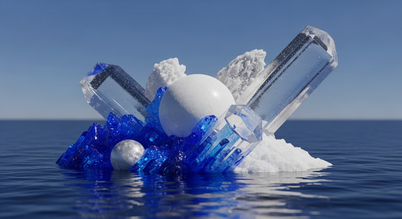 A striking abstract composition features clear and blue crystalline structures, white textured formations, and smooth white and silver spheres emerging from dark blue water under a clear sky. The elements are arranged centrally, creating a sense of balance and depth