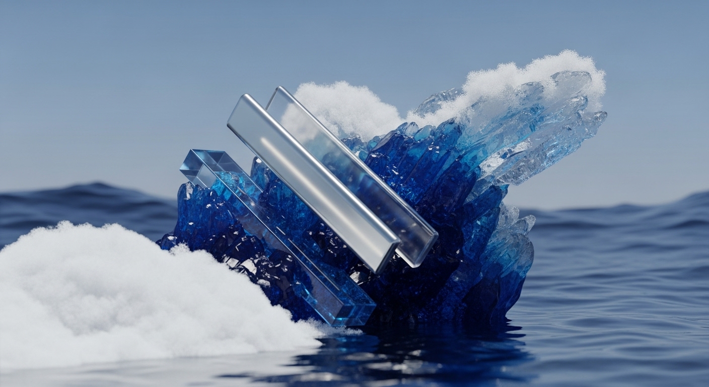 A striking blue crystalline structure, interspersed with clear, rectangular elements, emerges from a wavy, dark blue body of water under a light blue sky. White, foamy masses cling to the base and upper parts of the formation, suggesting dynamic interaction with the water