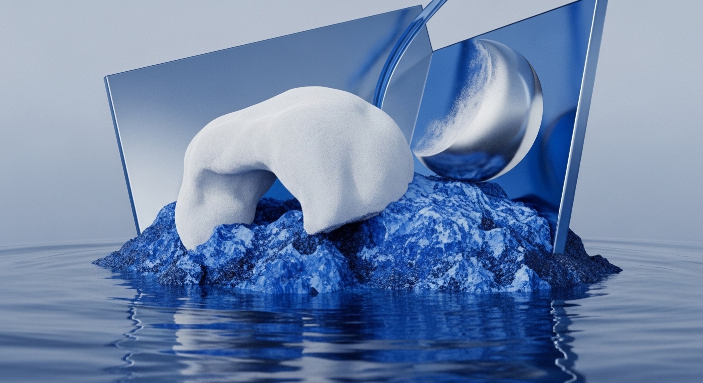 The image displays a white, soft, arched form resting on a jagged, dark blue rocky mass, which is partially submerged in calm, rippling blue water. Behind these elements, two angled, reflective blue planes stand, with a metallic sphere positioned between them, reflecting the surrounding forms and appearing textured with white granular material