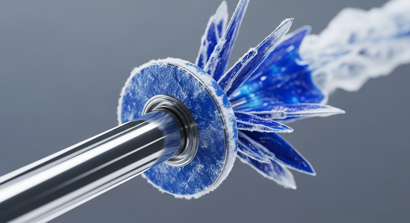 The image features a polished metallic rod traversing a frosted, deep-blue circular component, from which sharp, crystalline structures emanate. A trail of icy vapor extends dynamically into the background. This visual metaphorically illustrates advanced decentralized finance operations, such as cold staking mechanisms for digital assets or securing an immutable ledger through cryptographic proofs. The central axis could signify a high-throughput blockchain channel, facilitating transaction finality with minimized latency. The frosty crystallization suggests asset freezing or protocol lockup within Web3 infrastructure, crucial for Byzantine fault tolerance and network resilience.