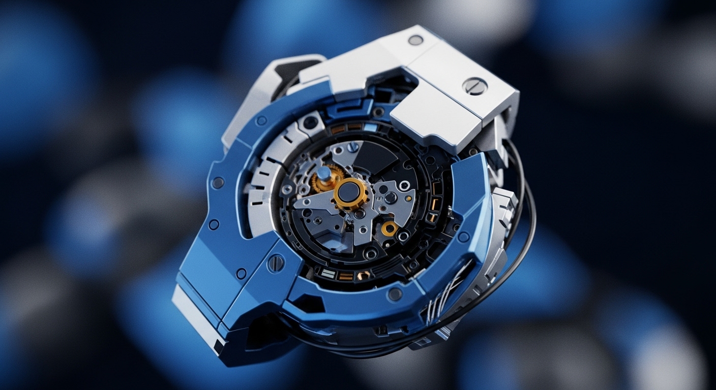 A highly detailed, intricate mechanical device dominates the frame, showcasing a complex central circular consensus mechanism with visible gold and silver gears. This internal structure, reminiscent of a precision watch movement, is encased within angular blue and metallic silver components, emphasizing robust network security. Small wires extend from the right, suggesting interoperability within a larger decentralized network. The design visually interprets the intricate workings of a cryptographic primitive orchestrating digital asset operations on an immutable ledger, set against a blurred blue and dark backdrop.