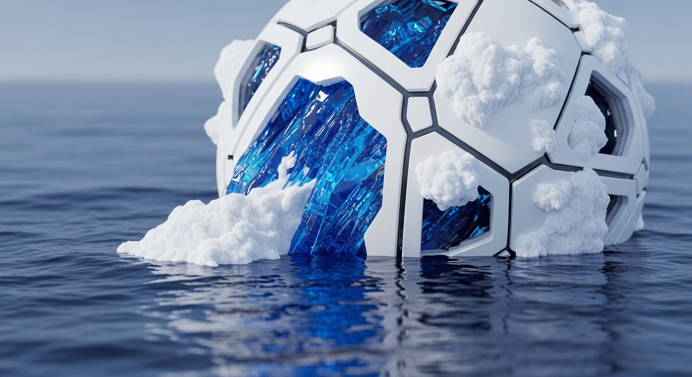 A segmented white spherical structure, resembling a sharded blockchain architecture, floats partially submerged in deep blue water. Visible through hexagonal apertures are brilliant blue crystalline formations, representing immutable on-chain data or core protocol algorithms. White, frothy accumulations, akin to volatile market sentiment or transaction gas fees, dissolve from the sphere into the surrounding liquidity pool. This visual metaphor captures the dynamic interaction of digital assets within a decentralized finance ecosystem, where core mechanisms meet external market forces.