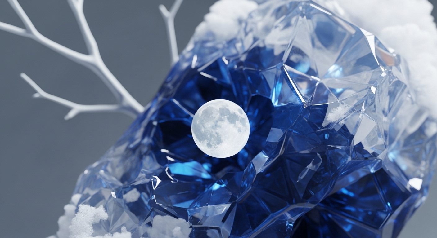 A faceted blue crystalline structure, resembling an immutable ledger shard, dominates the frame, encasing a glowing full moon. This celestial body functions as a decentralized oracle, providing critical off-chain data feeds to the protocol architecture. Patches of white snow suggest cold storage for digital assets or frozen liquidity. White, bare branches extend, symbolizing potential network forks or layer-2 scaling solutions within the decentralized finance ecosystem. The intricate structure reflects cryptographic primitives securing on-chain governance.