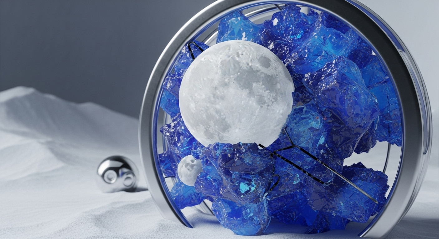 A large, textured lunar sphere, representing a primary moon token, is securely nested amidst numerous translucent blue shards within a polished metallic validator ring. These digital assets symbolize a decentralized finance DeFi ecosystem, potentially a staking pool or cold storage solution. A smaller moonlet suggests Layer 2 scaling or a satellite dApp. The white, undulating landscape evokes a nascent blockchain environment, with a chrome hardware wallet or seed phrase container nearby, emphasizing immutable ledger security and tokenomics architecture.