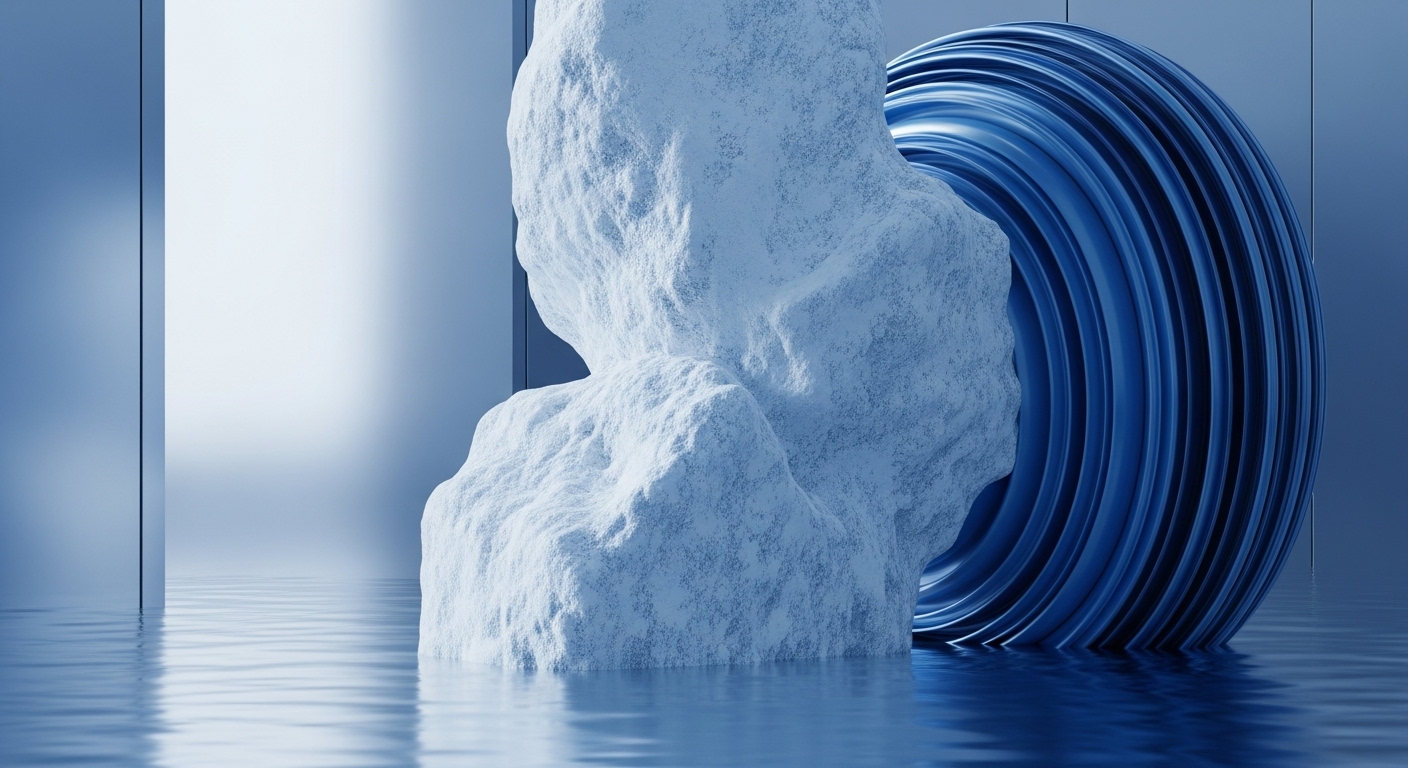 A prominent, textured white mass, resembling an immutable ledger or protocol foundation, rises from calm, reflective blue water. Adjacent, a large, dark blue, ribbed circular structure, evocative of a smart contract execution engine or layer-2 scaling solution, is also partially submerged. This serene environment, with its soft blue gradient background, symbolizes a robust DeFi ecosystem where liquidity pools interact with digital asset architecture. It highlights underlying Web3 infrastructure and consensus mechanisms ensuring on-chain transaction integrity and decentralized governance within a distributed ledger technology framework.