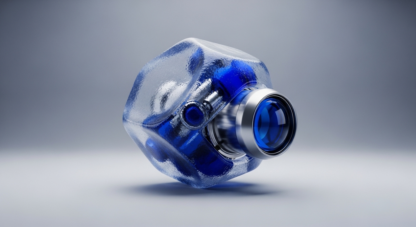 A clear, frosted outer shell encases an intricate, vibrant blue core, resembling a complex decentralized protocol. The internal smart contract mechanism is visible, hinting at transparent tokenomics. A metallic, lens-like component with a deep blue aperture protrudes, suggesting a cryptographic oracle for data input. This abstract representation underscores immutable ledger security and functional clarity within a Web3 infrastructure.
