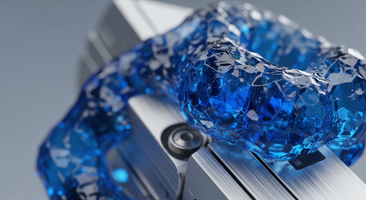A vibrant, faceted blue crystalline structure, appearing like a solidified, flowing substance, rests upon a brushed metallic surface. The blue entity exhibits numerous reflective facets, while the metal features fine horizontal lines and a visible screw head