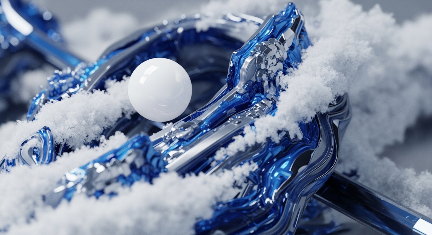 A pristine, glossy white sphere floats centrally, surrounded by intricate, highly reflective blue and silver metallic structures. White, powdery snow-like particles are scattered across and nestled within these complex forms