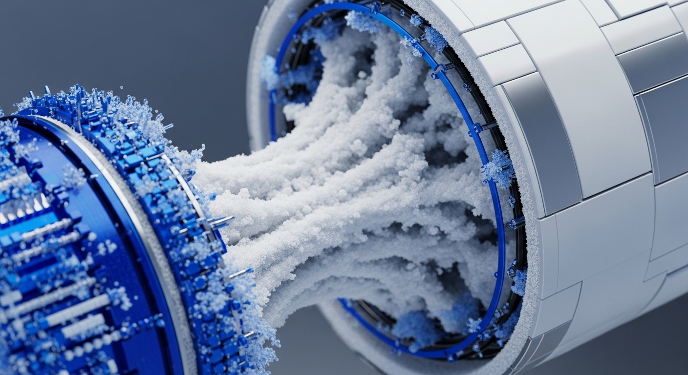 A dynamic visual portrays a high-throughput data stream flowing between two distinct cylindrical structures. The intricate blue mechanism, possibly a validator node or computation unit, emits granular white data packets into a larger, segmented white conduit, representing an interoperable blockchain network. This process symbolizes optimized transaction processing and network throughput, facilitated by advanced cryptographic protocols ensuring data integrity. Blue internal elements suggest complex smart contract execution pathways within a decentralized ledger technology framework.