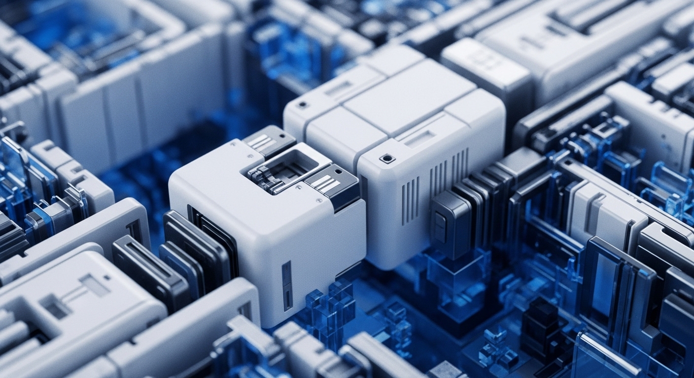 White and grey modular computing units interlock precisely, forming a dense, interconnected network. These components are set against a backdrop of glowing blue circuits, suggesting a sophisticated technological infrastructure