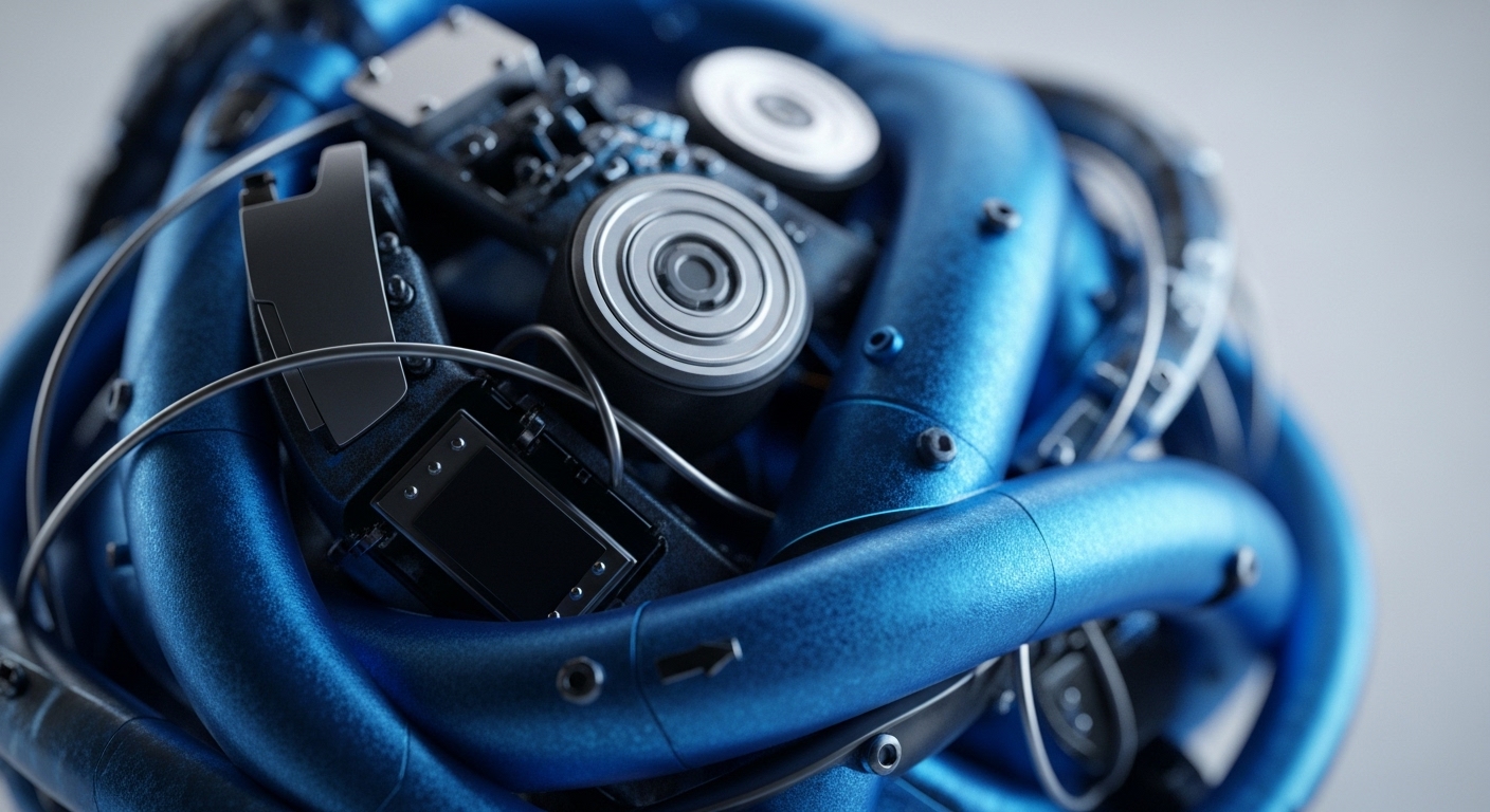 A close-up view reveals an intricate arrangement of textured blue tubes and metallic components, forming a dense, interconnected system. Various silver and dark grey elements, including circular mechanisms and rectangular panels, are embedded within the blue structures, suggesting a sophisticated technological assembly